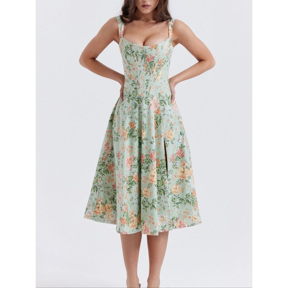 Princess Fit Midi Floral Corset Midi Dress - Pastel Green Peach  Floral Sz Mediu